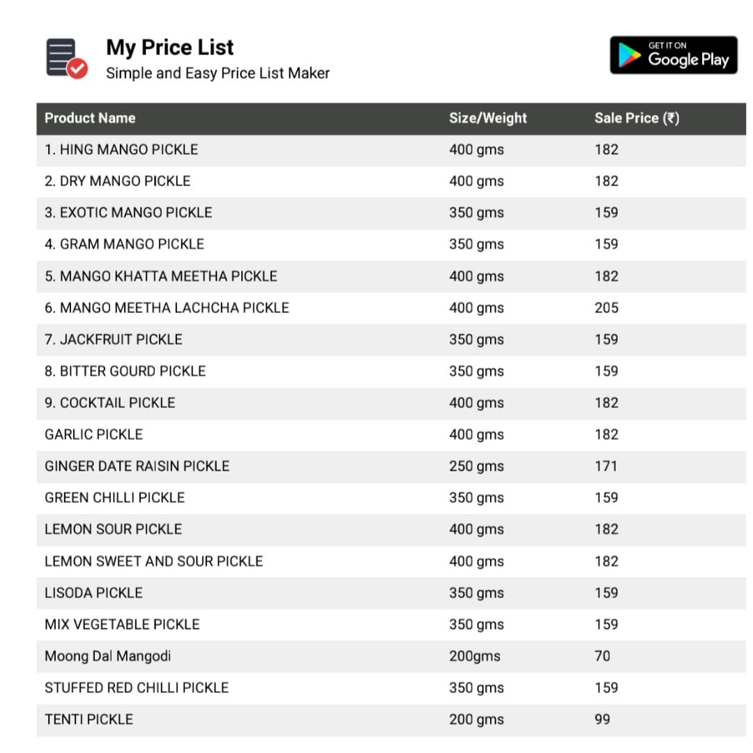 Rate List Pickles